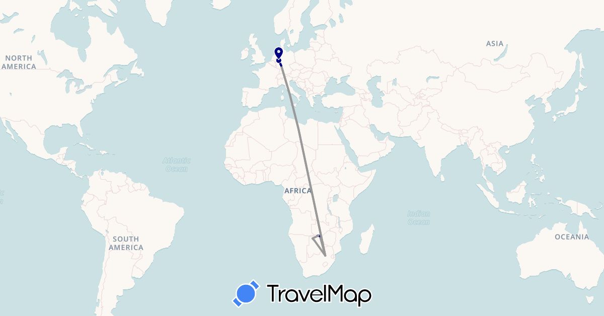 TravelMap itinerary: driving, plane, boat in Botswana, Germany, South Africa, Zimbabwe (Africa, Europe)